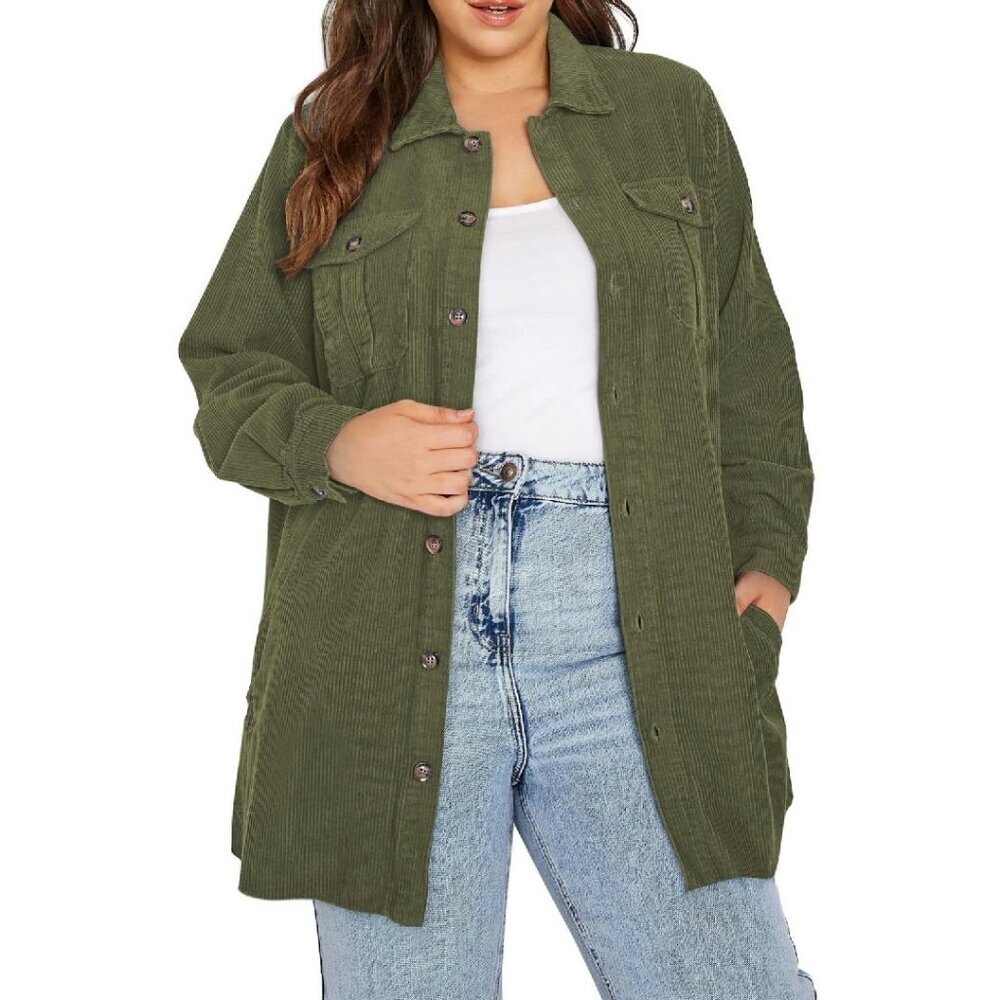 Plus Size Corduroy Shacket Jacket Long Sleeve Button Down Boyfriend Style